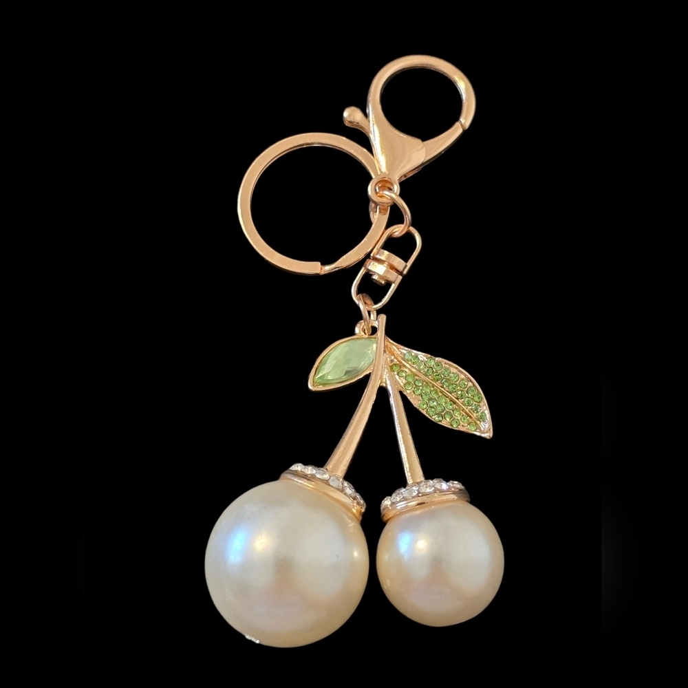 Gold Cherry Bag Charm Keychain with Pearls